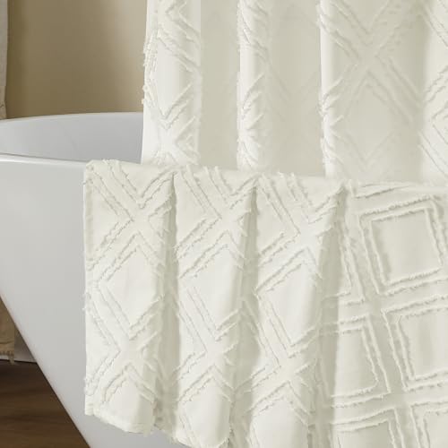 OWENIE Cream Shower Curtain Set, Jacquard Geometric Textured Fabric Boho Shower Curtain for Bathroom, Soft Hotel Style Farmhouse Shower Curtains Grommet Top 12 Hooks, Machine Washable, 72x72, Cream