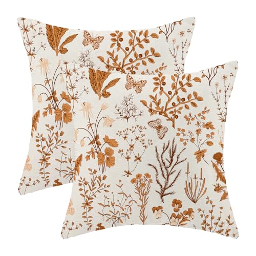AEIOAE Fall Pillow Covers 24x24 Inch Set of 2,Burnt Orange Wild Flower Plant Throw Pillows Case,Seasonal Floral Outdoor Decorative Square Linen Farmhouse Decor Cushion Covers for Home Sofa Bed Couch