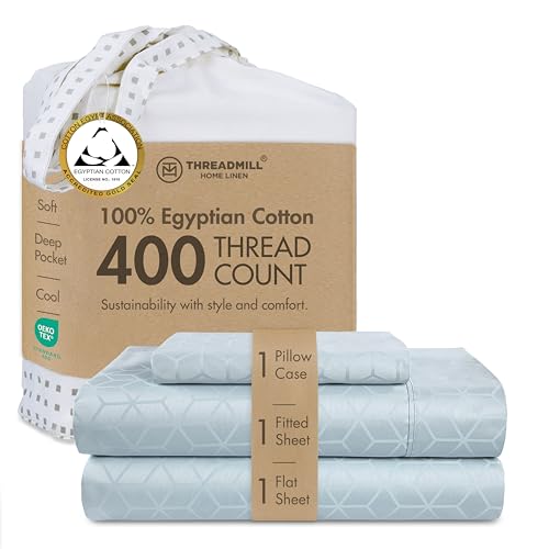 "Threadmill 400TC Egyptian Cotton Twin Sheet Set, Jacquard, Light Blue - 100% Egyptian Cotton, Jacquard Pattern, 3-Piece Set, 15"" Deep Pocket, Cooling, OEKO-TEX Certified, Machine Washable"