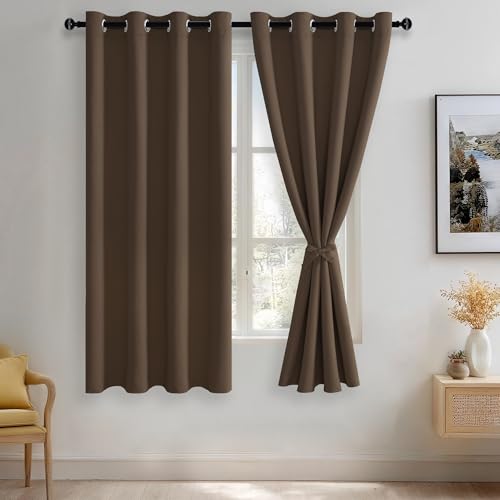 JIUZHEN Blackout Curtains with Tiebacks - Thermal Insulated, Light Blocking and Noise Reducing Grommet Curtain Drapes for Bedroom and Living Room, Set of 2 Panels, Brown, 52x 63 Inch Length