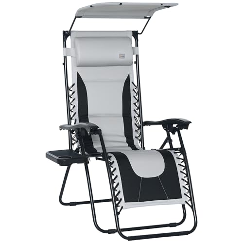 Outsunny Zero Gravity Lounger Chair, Folding Reclining Patio Chair with Shade Cover, Padded Seat, Cup Holder, Soft Cushion and Headrest for Poolside, Camping, Grey