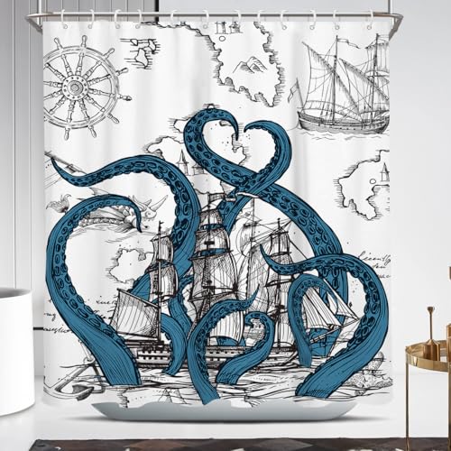 Coxila Octopus Shower Curtain Standard Blue Vintage Retro Nautical Funny Monster Ocean Fun Kraken Anime Pirate Map Sea Sailboat Ship Boys Kids Men Bathroom 72 x 72 Inch Polyester Fabric 12 Pack Hooks