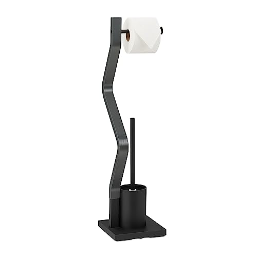 Relaxdays WC Set, Standing Toilet Paper, Brush with Holder, Bathroom Accessory, 75 x 18.5 x 18.5 cm, Black/Grey, Steel