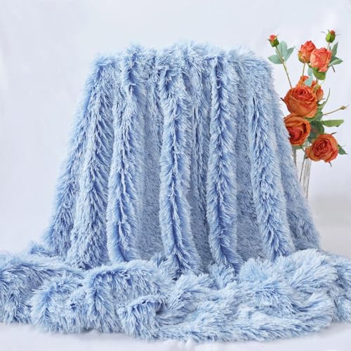"MYRU Plush Super Soft Blanket Bedding Sofa Cover Furry Fuzzy Fur Warm Throw Qulit Cozy Couch Blanket for Winter (63""x79"",Blue and White)"