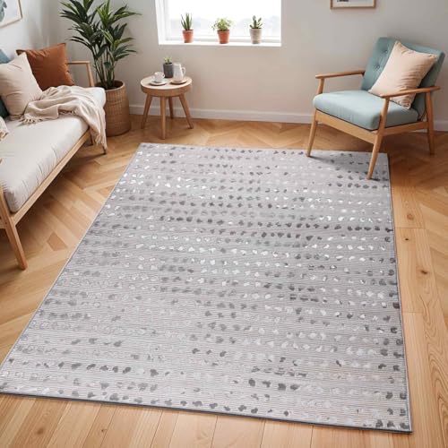 Livabliss Valkiria Nador Abstract Marble Style Floor Covering 200x275 cm – Modern Design for Living Room, Dining & Bedroom, Soft Short Pile, Beige, Ivory & Silver