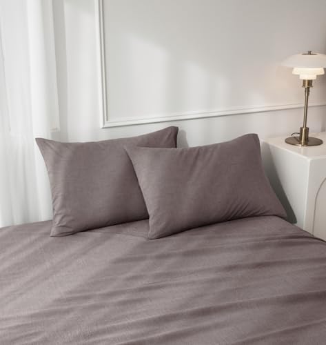 JIYUAN 100% Washed Cotton Pillowcases Set Envelope Closure Pack of 2, Linen Like Comfy and Breathable Textured Durable Bedding for All Seasons, Queen Size, Heathered Mauve Brown