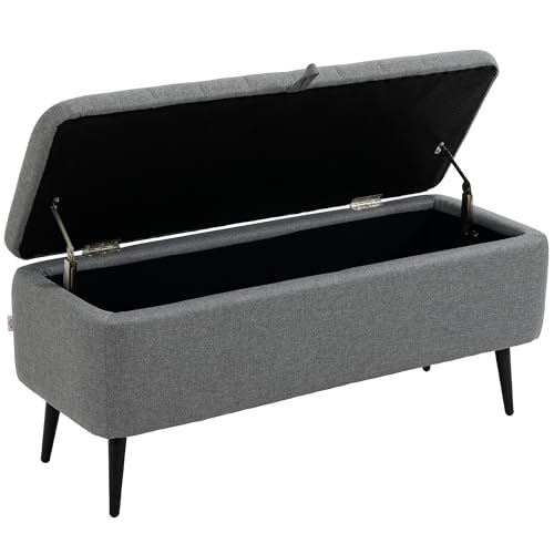 HOMCOM Storage Ottoman with Flip Top, Rectangular Upholstered Bench, Linen Look Fabric Footstool with Steel Legs for Living Room, Bedroom, Grey