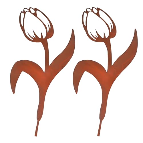 Relaxdays Tulip Garden Stakes, Set of 2, Rust Finish, Metal, Brown - HxW: 80x39 cm, Garden Decoration