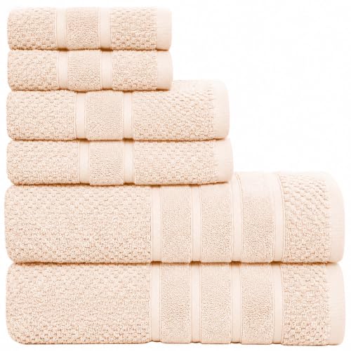 Feather & Stitch 100% Cotton 625 GSM Bath Towel Set of 6, Ultra Soft Highly Absorbent 2 Bath Towels, 2 Hand Towels & 2 Washcloth - Luxury Quick Dry Shower Towels (Pale Peach)