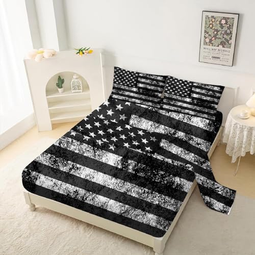 kxry Black and White USA American Flag Fitted Bed Sheets Set Full Size for Boys Kids Teens Dirty US Stars Stripes Flags Bedding Set 1 Fitted Sheet + 1 Flat Sheet + 2 Pillow Cases