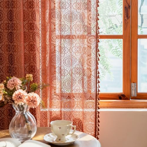 Burnt Orange Curtains 2 Panels 84 Inches Long Copper Lace Sheer Curtains with Tassel Bohemian Fall Terracotta Drapes for Living Room Bedroom Dining Room Rod Pocket Privacy 59 W x 84 L, Rust colored