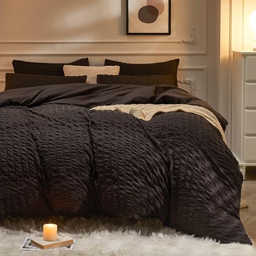 JELLYMONI Seersucker Duvet Cover Set Full, 3pcs Black Polyester - Soft Breathable, Cotton-Like Feel, Crinkled Texture, Fall Bedding, Oeko-Tex Certified, 8 Corner Ties & Hidden Zipper