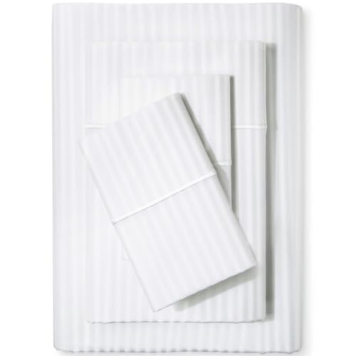 "Feather & Stitch 500 TC Twin Size Damask Bed Sheet Set, 100% Cotton Soft Breathable Bedsheets, 3 Piece 18"" Deep Pockets Sateen Weave Striped Bedding Mattress Resort Hotel Luxury- (White Stripe)"