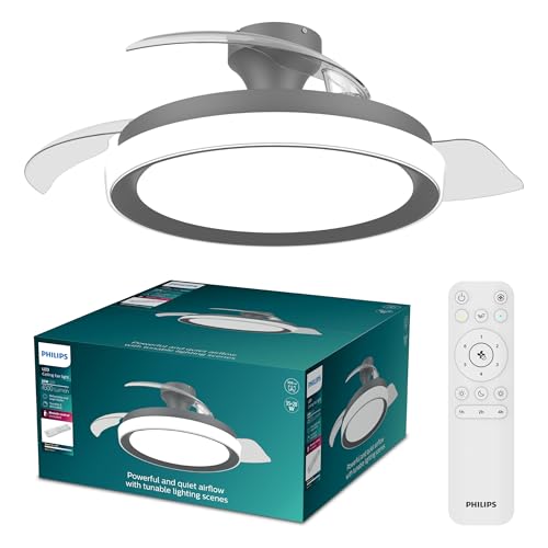 PHILIPS Bliss Retractable-Blade Ceiling Fan Light + Remote Control, Black - Tunable White Light from 3000K-6500K, Dimmable to 5%, 4500 Lumens, Chromasync, Sync with TV, 3 Blades, 106 cm, Blade Wingspan