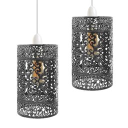 DC VOLTAGE 2 Pack of Moroccan Designed Metal Drum Shaped Pendant Light Lampshade H 24cm - W 13.5 cm Metal Lamp Shade Ceiling Pendant Lights for Dining Room Bedroom Loft Hallway
