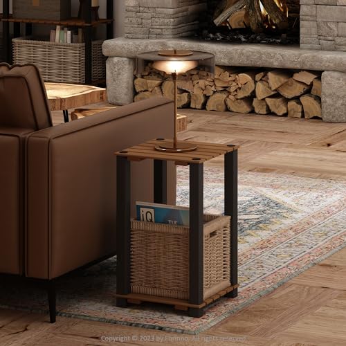 Furinno TURN-N-TUBE 2-Tier Wood Slat Square End Table with Open Shelves, Natural/Black