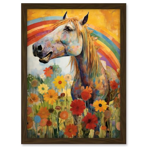 Artery8 Girls Bedroom Nursery Artwork Rainbow Horse With Flowers Bright Colourful Happy Artwork Framed A3 Wall Art Print