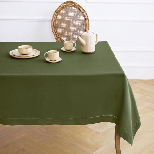 Solino Home Linen Tablecloth ??? 60 x 120 Inch Olive Tablecloth for Fall, Thanksgiving, Christmas ??? 100% Pure Linen Classic Hemstitch Tablecloth ??? Handcrafted from European Flax
