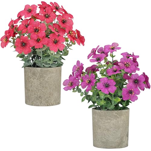 2 Pack Small Fake Plants Potted Artificial Plants Artificial Flowers Potted - Faux Flower Daisy with Eucalyptus Leaves for Home Decor Office Room Farmhouse Indoor Table Bathroom Decor
