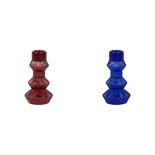 Ribbed Glass Tall Candle Holder Burgundy & Ribbed Blue Tall Candle Holder Bundle