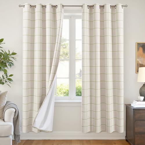 Lajode Linen Blackout Curtains for Living Room - Checkered Plaid Curtains with 72 Inch Long, Black Out Thermal Insulated Gingham Drapes with Stripe Pattern for Bedroom 52x72 Inch 2 Panels, Sage Green
