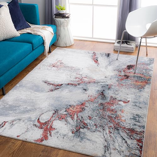 Livabliss New York Abstract Rug - Area Rugs Living Room 200x274 cm, Dining Room, Lounge, Kitchen, Bedroom - Modern Marble Soft Luxurious Easy Care Medium Pile Large Burgundy and Grey
