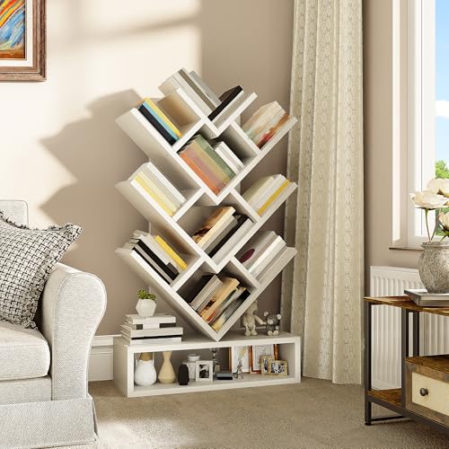 YITAHOME Tree Bookshelf, Floor Standing Bookcase with Wooden Drawer Industrial Shelving Units Display Storage Shelf for Living Room,Home,Office, White Book shelves
