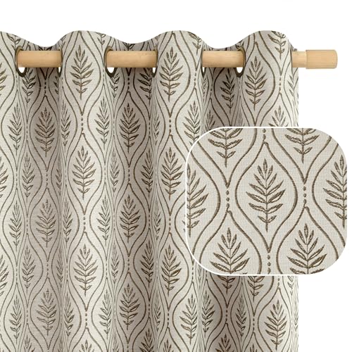 BGment Brown Curtains for Living Room 72 Inch Length, Boho Vintage Neutral Linen Sheer Curtains Jacquard Botanical Leaf Printed Window Drapes for French Country, Set of 2 Panels, 52 x 72 Inch