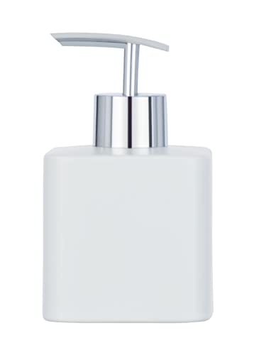 WENKO Soap Dispenser Mod. Hexa, Refillable Ceramic Pump Dispenser for 290 ml Liquid Soap, Silver Pump Head, 7.5 x 13 x 8.5 cm, Matte White