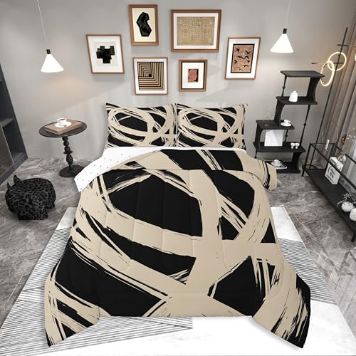 Beige and Black Abstarct Queen Comforter Set for Adult Women Men,Geometry Geometric Striped Bedding Set for Minimalists,Graffiti Aesthetic Lines Quilt,Contemporary Boho Modern Art Duvet Insert