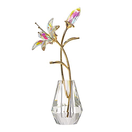LONGWIN Crystal Artifical Tiger Lily Flowers with Vase - AB Coated Crystal Collectible Figurines Blooming Fake Lily Flower Home and Wedding Decor