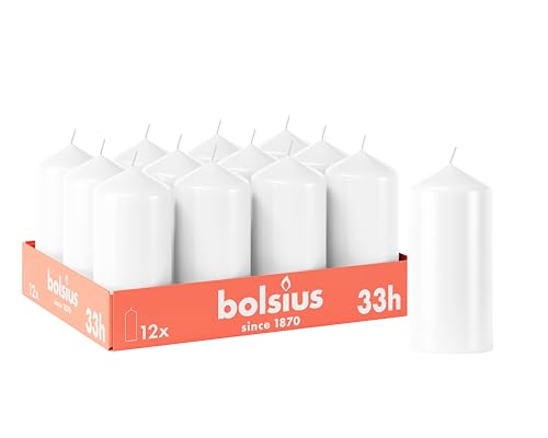Bolsius Smooth Pillar Candles - White - Pack of 12-12 x 6 cm - Decorative Household Candles - Burn Time 33 Hours - Unscented - Contains Natural Plant Wax - Without Palm Oil