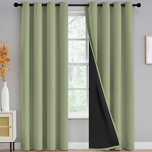 Yakamok 100% Blackout Curtains for Bedroom,Total Light Blocking Window Drapes with Black Backing, Thermal Insulated Solid Grommet Panels for Living Room, 52Wx84L,Sage,2 Panels
