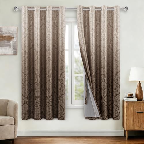 DWCN Ombre 100% Blackout Curtains with Tiebacks- Damask Patterned Thermal Insulated Energy Saving Grommet Curtains for Bedroom, Set of 2 Gradient Window Curtain Panels, 52 x 63 Inches, Brown