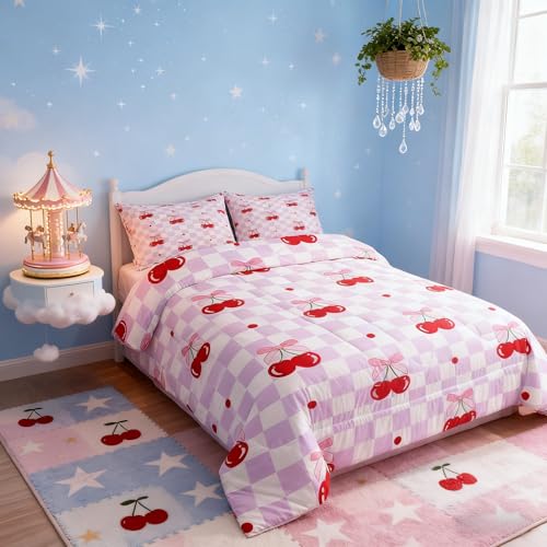 Pink Bowknot Kid Comforter Set Full Size,Bow Tie Dot Cherry Fruit Cute Bedding Set,Girls Women Room Decor,Geometric Checkerboard Patchwork Down Comforter,Purple Princess Duvet Insert,2 Pillowcases