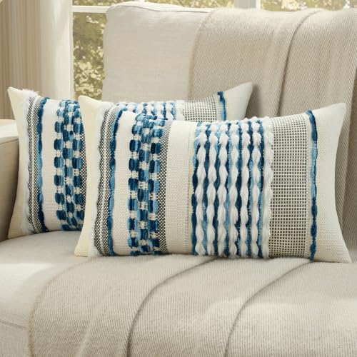 FUTEI 2 Pack Tufted Throw Pillow Covers Covers 30x50 cm,Blue - Plush Tufted Striped Chenille Front/Premium Velvet Back,Hidden Zipper,Machine Washable,Non-Shedding,Colorfast,No Inserts.