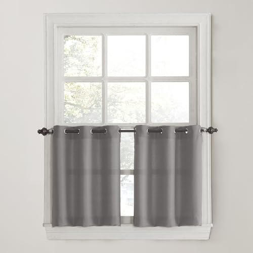 "No. 918 Montego Casual Textured Semi-Sheer Grommet Kitchen Curtain Tier Pair, 56"" x 36"", Nickel"