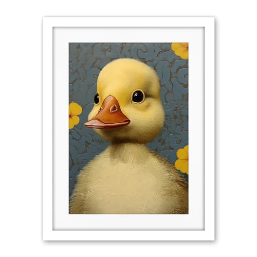 Artery8 Duckling with Flowers Oil Painting Kids Bedroom Baby Nursery Duck Artwork Framed Wall Art Print 18X24 Inch
