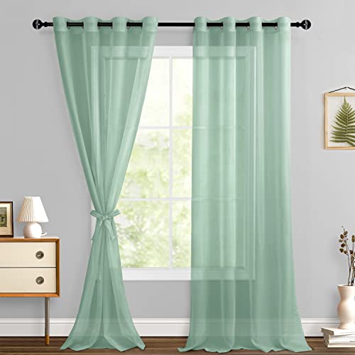 Hiasan Sheer Curtains 96 Inches Long with Tiebacks, Light Filtering Semi Transparent Lightweight Voile Grommet Window Curtains for Bedroom, Living Room, Bean Green, W52 x L96, 2 Drape Panels