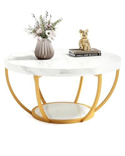 "LITTLE TREE Round Coffee Table, 32"" Circle Faux Marble Coffee Tables for Living Room, 2-Tier Golden Metal Legs Accent Center Table with Open Storage Modern Design Home Furniture (White and Gold)"