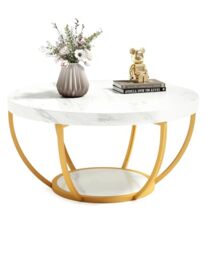 "LITTLE TREE Round Coffee Table, 32"" Circle Faux Marble Coffee Tables for Living Room, 2-Tier Golden Metal Legs Accent Center Table with Open Storage Modern Design Home Furniture (White and Gold)"