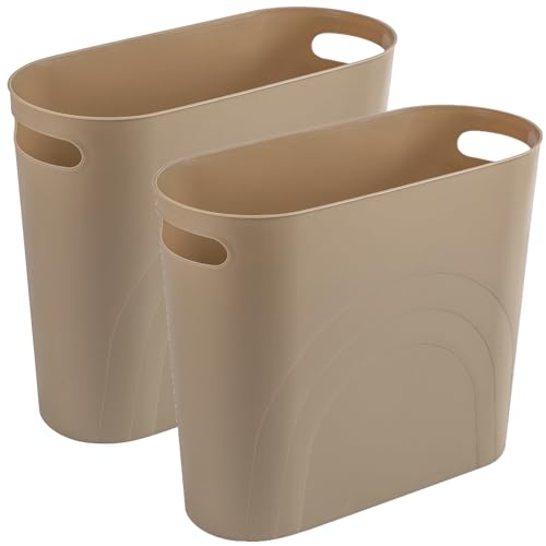 rejomiik Small Trash Can, Slim Garbage Can Plastic Waste Basket with Handles 3.5 Gallon Container Bin for Narrow Spaces Bathroom, Bedroom, Kitchen, Office at Home, 2 Pack Khaki