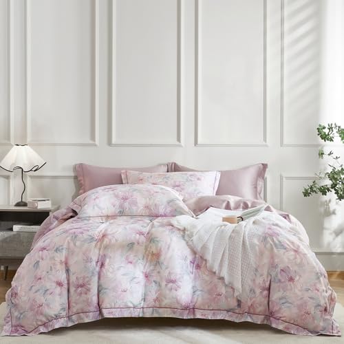 OAITE Duvet Cover Set Queen Size Floral Pattern 600 Thread Count Ultra Soft 100% Long Staple Cotton Duvet Cover Sets 3-PC, Breathable Duvet Cover with Zipper Closure & Corner Ties