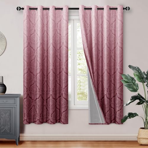 DWCN 100% Blackout Curtains for Bedroom 63 Inch Long-Damask Patterned Ombre Thermal Insulated Energy Saving Grommet Drapes for Living Room, Gradient Window Curtain 2 Panels, 52 x 63 Length, Wine Red