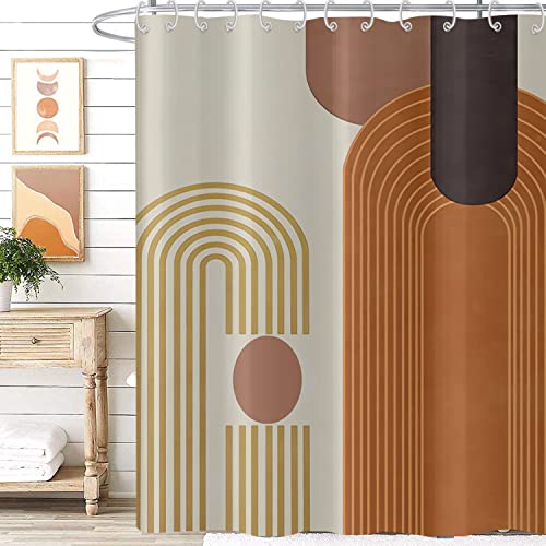 GKLEASG Mid Century Shower Curtain, Modern Abstract Boho Neutral Art Arch Geometric Minimalist Brown and Beige Machine Washable Waterproof Fabric for Bathroom Decor Bathtub with 12 Hooks