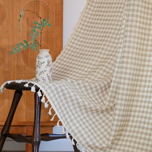 ENJOYBRIDAL Light Brown Plaid Curtains 96 Inches Long 2 Panels Living Room Semi Sheer Drapes Rod Pocket Dining Room Farmhouse Tassel Window Curtain Panels Country Boho Bedroom Cute Window Treatments