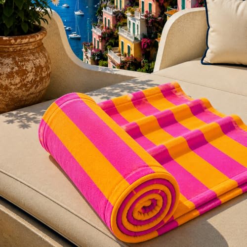 PETTI Artigiani Italiani - Microfibre Beach Towel, Beach or Pool Towel, Beach Lounger Towel, Large 90 x 180 cm, Fuchsia Orange Stripes