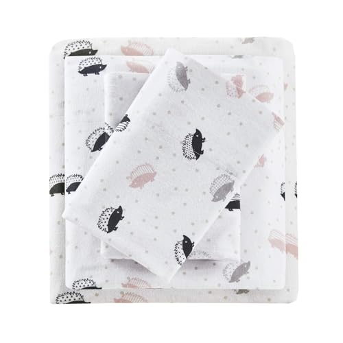 Intelligent Design Cozy Soft 100% Cotton Flannel Print Animals Stars Cute Warm, Ultra Soft Cold Weather Sheet Set Bedding, Full, Pink/Grey Hedgehogs 4 Piece