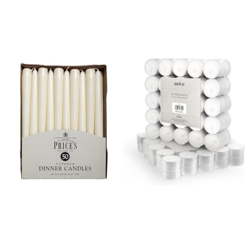 Price's Candles - Tapered Dinner Candles - Pack of 50 - Ivory - Dripless - Unscented - 7 Hour Burn Time & delka 8 Hour Tea Light Candles, 50 Pack, Long Burning Time, Unscented Tea Lights - White