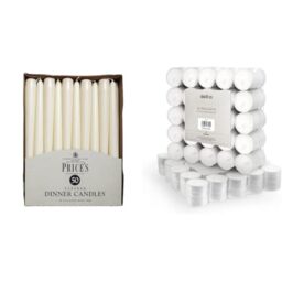 Price's Candles - Tapered Dinner Candles - Pack of 50 - Ivory - Dripless - Unscented - 7 Hour Burn Time & delka 8 Hour Tea Light Candles, 50 Pack, Long Burning Time, Unscented Tea Lights - White